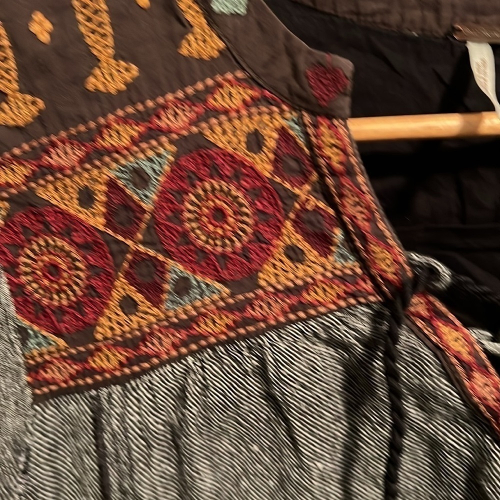 Free People S hippie boho embroidered tunic dress tassels ties long sleeve gray - Picture 8 of 9